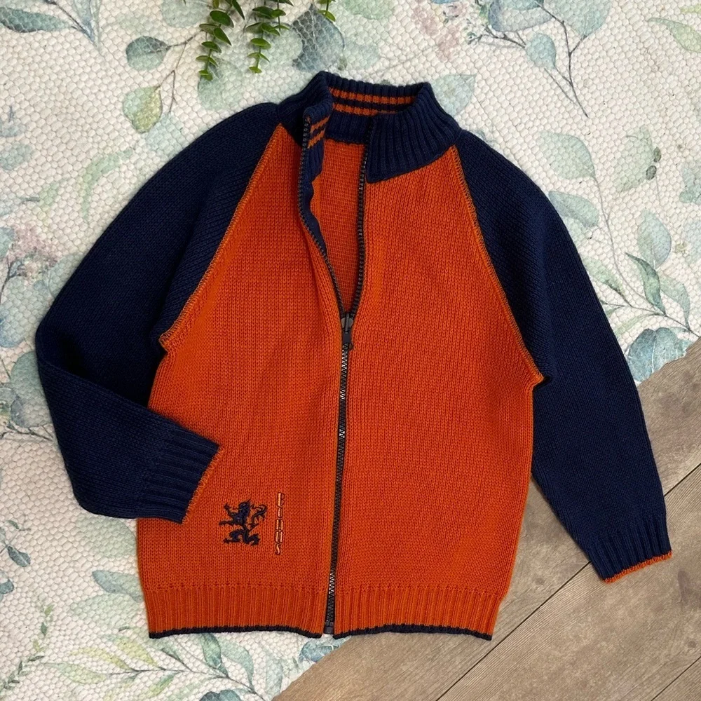 Vintage Boys Orange Navy Blue Knit Sweater Jacket Coat Size Small Netherlands